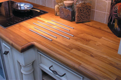 Transitional kitchen photo in Other with wood countertops