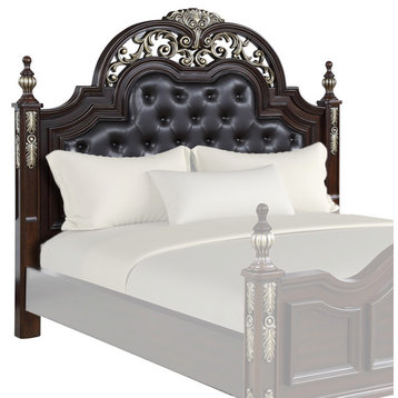 Benzara BM219491 Leather & Wood Queen Headboard, Carving and Mirror Inlay, Brown
