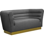Meridian Furniture - Bellini Velvet Upholstered Loveseat, Gray - Add a bit of pizzazz to your living space with this Bellini Grey Velvet Loveseat from Meridian Furniture. Rich grey velvet upholstery offers you a luxurious place to curl up with a good book or rest in front of the TV after a long day, while horizontal channel tufting creates texture and style. Its gold stainless steel base provides solid support, while adding to the loveseat's contemporary appearance. Its uniquely curved shape makes this piece a perfect addition to any room in your modern home.