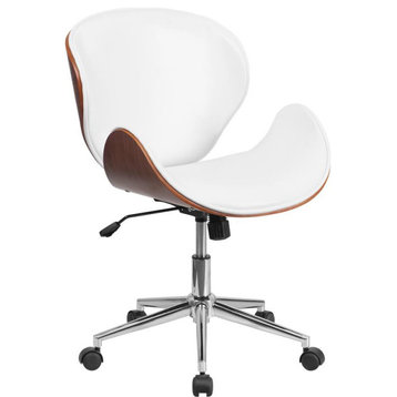 Flash Furniture Mid-Back Walnut Wood Swivel Conference Chair, White Leather