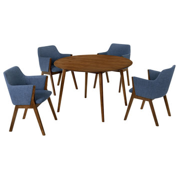 Arcadia and Renzo Round and Wood 5-Piece Dining Set, Blue and Walnut, 48"