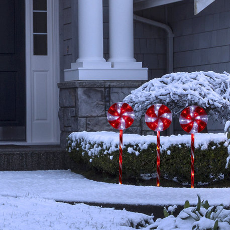 28"H Outdoor Candy Cane Yard Stakes with Red and White LED Lights (Set of 3)