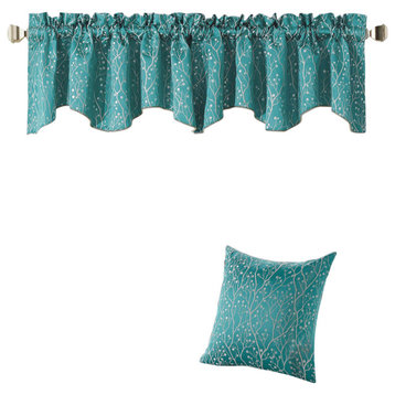 Branch Jacquard Valance and Pillow Shell Sets , Deep Teal, 20" X 20" / 56" X 19"