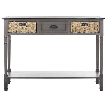 Accent Console Table, Center Drawers and 2 Pull Out Rattan Baskets, Painted Grey
