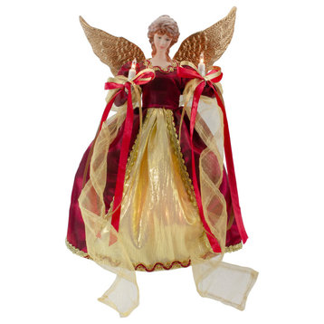 13.5" Lighted Red and Gold Angel With Wings Christmas Tree Topper, Clear Lights