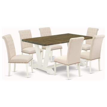 East West Furniture V-Style 7-piece Wood Dining Table Set in White/Light Beige