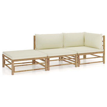 vidaXL Patio Lounge Set 3 Piece with Cream White Cushions Bamboo Garden Seat