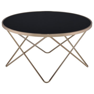 V Metal Frame Round Coffee Table, Black Glass