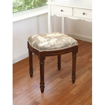 Chinoiserie-Taupe, Linen Upholstered Vanity Stool, Taupe