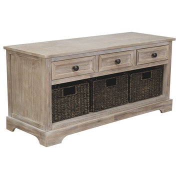 Farmhouse Storage Bench, 3 Removable Baskets and 3 Drawers With Round Knobs