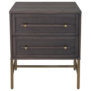 Unique Nightstand, 2 Rattan Front Drawers & Brass Accented Elongated Pull, Gray
