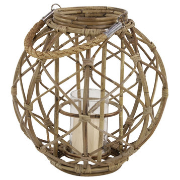 Round Rustic Woven Rattan Lantern with Jute Handle and Glass Insert