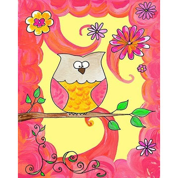 Owl In Pink Swirl, Ready To Hang Canvas Kid's Wall Decor, 11 X 14