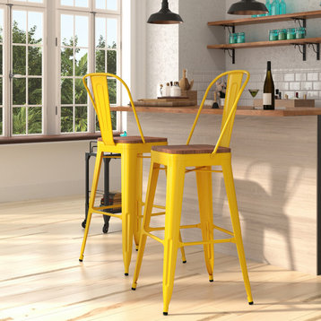 30" Yellow Metal Dining Stool With Curved Slatted Back and Wooden Seat