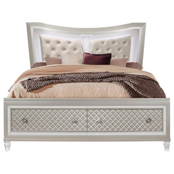 HomeRoots Champagne tone Queen Bed With padded headboard LED lightning 2 drawer