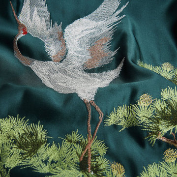 QYHL226A Silver Beach Embroidered Pine Trees And Cranes Faux Silk Custom Made Cu