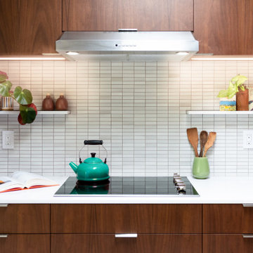Sleek Electric Stovetop with Accent Floating Shelves in Mid-Century Modern Kitch
