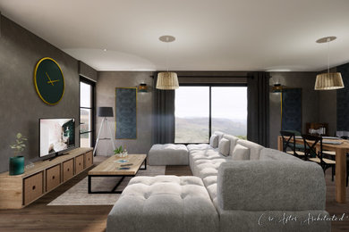 Foto de sala de estar abierta campestre grande con paredes azules, suelo de madera oscura, estufa de leña, televisor independiente, suelo marrón y papel pintado
