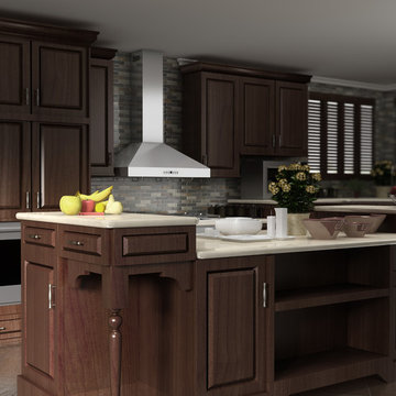 Brown kitchen featuring a ZLINE KL3 Stainless Steel Wall Range Hood