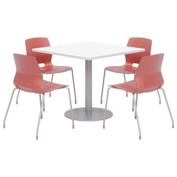 Olio Designs Square 36in Lola Dining Set - White Table - Coral Chairs