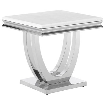 Kas 24" Square End Table, White Stone Top, Polished Chrome Flush Base