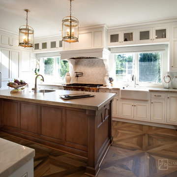Traditional White Kitchen with Natural Wood Slab Top