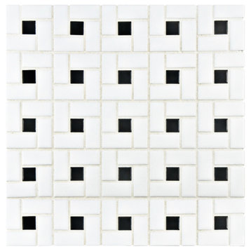 Spiral Porcelain Mosaic Tile, Black and White