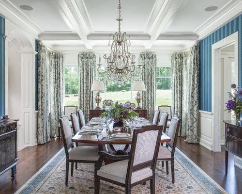Dining Room Design Images Elegant enclosed dining room photo with blue walls and dark hardwood floors