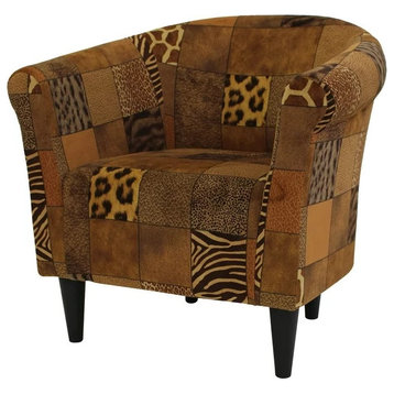 Unique Accent Chair, Barrel Design With Patchwork Animal Print Patterned Seat