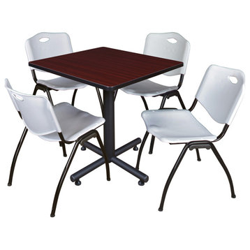 Kobe 30" Square Breakroom Table- Mahogany & 4 'M' Stack Chairs- Grey