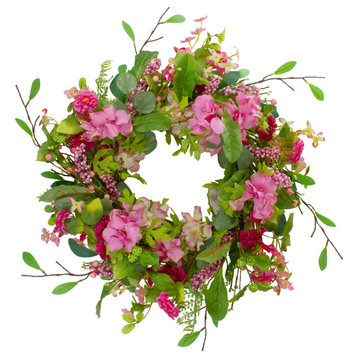 Chrysanthemum and Hydrangea Floral Spring Wreath Pink 23"