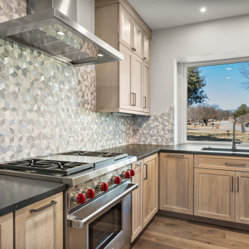 Close-up of 3D Geometric Kitchen Backsplash and Quartz Countertop