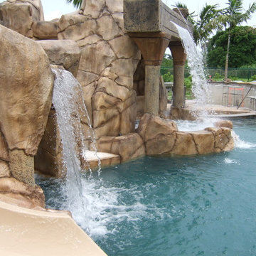 Custom Rock Waterfall with Cave and Rock Spa and Slide