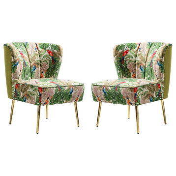 Set of 2 Accent Chair, Wide Seat & Curved Back With Floral Upholstery, Green