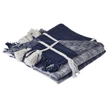 Navy and White Braided Plaid Throw Blanket