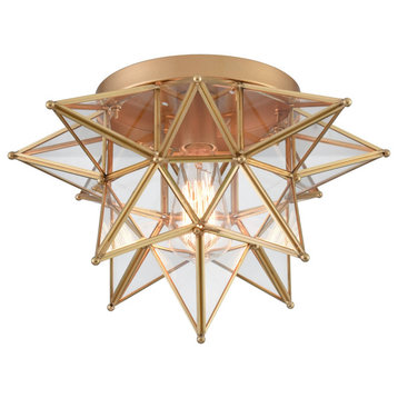 Moravian Star Ceiling Light,Glass, Brass,15 Inch, Clear Glass