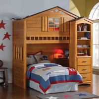 Rustic Oak Tree House Twin Bunk, Loft Bed, With Desk, With Shelf Cabinet