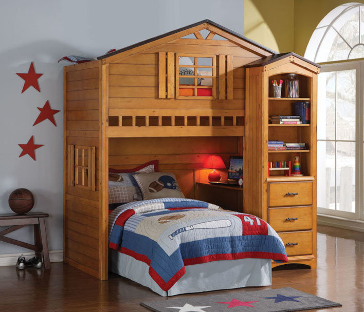 Rustic Oak Tree House Twin Bunk, Loft Bed, With Desk, With Shelf Cabinet