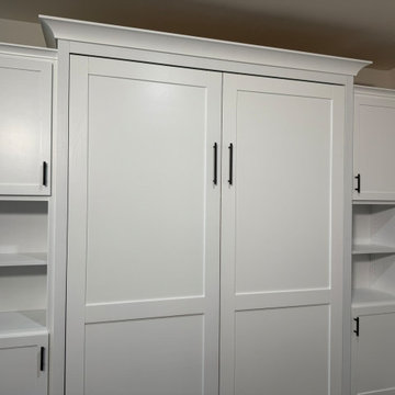 Custom Vertical Queen Murphy Bed with Side Shelving and Storage Cabinets