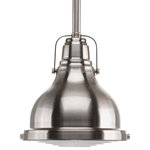 Progress Lighting - Fresnel Lens 1 Light Mini Pendant, Brushed Nickel, Standard Lamping - The One-Light mini-pendant features industrial roots in both form and function. The Brush Nickel finish highlight the high-quality prismatic glass which adds to the historical aesthetic. Perfect above a kitchen island in pairs or threes, use for additional ambience or task lighting in a bathroom, bedroom or anywhere a pendant light can be placed.