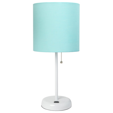 Limelights White Stick Lamp With Usb Charging Port and Fabric Shade, Aqua