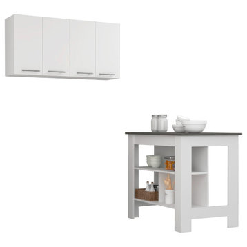 Caledon 2-Piece Kitchen Set, Kitchen Island & Upper Wall Cabinet, White/Onyx
