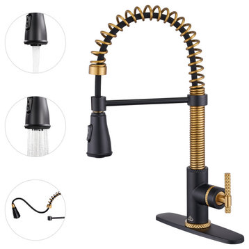 Single Handle Kitchen Faucet Pull-Down Sprayer, 360 Swivel, Three Functions, Matte Black+brushed Gold