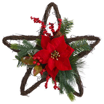 16" Holiday Christmas Poinsettia Star Twig Wreath