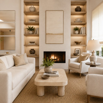 Warm Neutral Living Room Design with Fireplace and Built-In Shelves