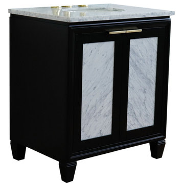 31" Single Sink Vanity, Black Finish With White Carrara Marble With Oval Sink