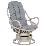 OSP Home Furnishings - Lanai Rattan Swivel Rocker Chair, Gray Fabric With White Wash Frame - Kick back and relax with our Kauai Rattan Swivel Rocker.  This woven rattan rocker will turn up the wow factor in any room. A great seating option for watching movies, gaming or just kicking back and taking it easy. Plush poly-fill cushion with channel pocket stitching, in 100% Polyester, creates billowing comfort. Simply tie cushion onto solid rattan and woven frame. Smooth ball bearing swivel action and relaxing rocking motion will ease away the day�s stresses while adding natural Boho style to your home. Simply untie the ample removable cushion and shake out to fluff up for years of sublime, cozy comfort.