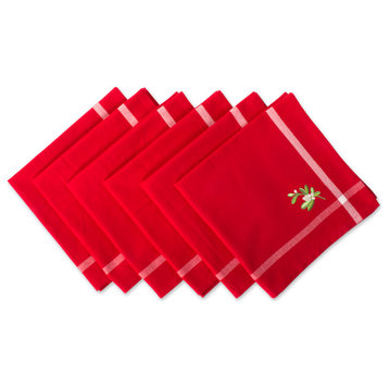 DII Red Embroidered Mistletoe Corner With Border Napkin, Set of 6