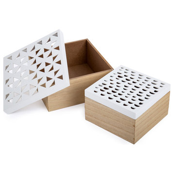 Decorative Cut-out Wooden Storage Box, 2-Piece Set, 7.75"x4.5"x7.75", Beige