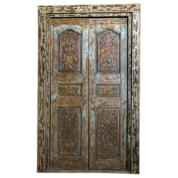 Consigned Antique Indian Doors, Blue distressed door, Ganesha Krishna Carved